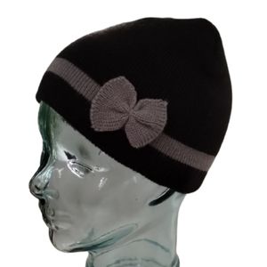 Beanie Hat Black Gray Bow Stripe One Size